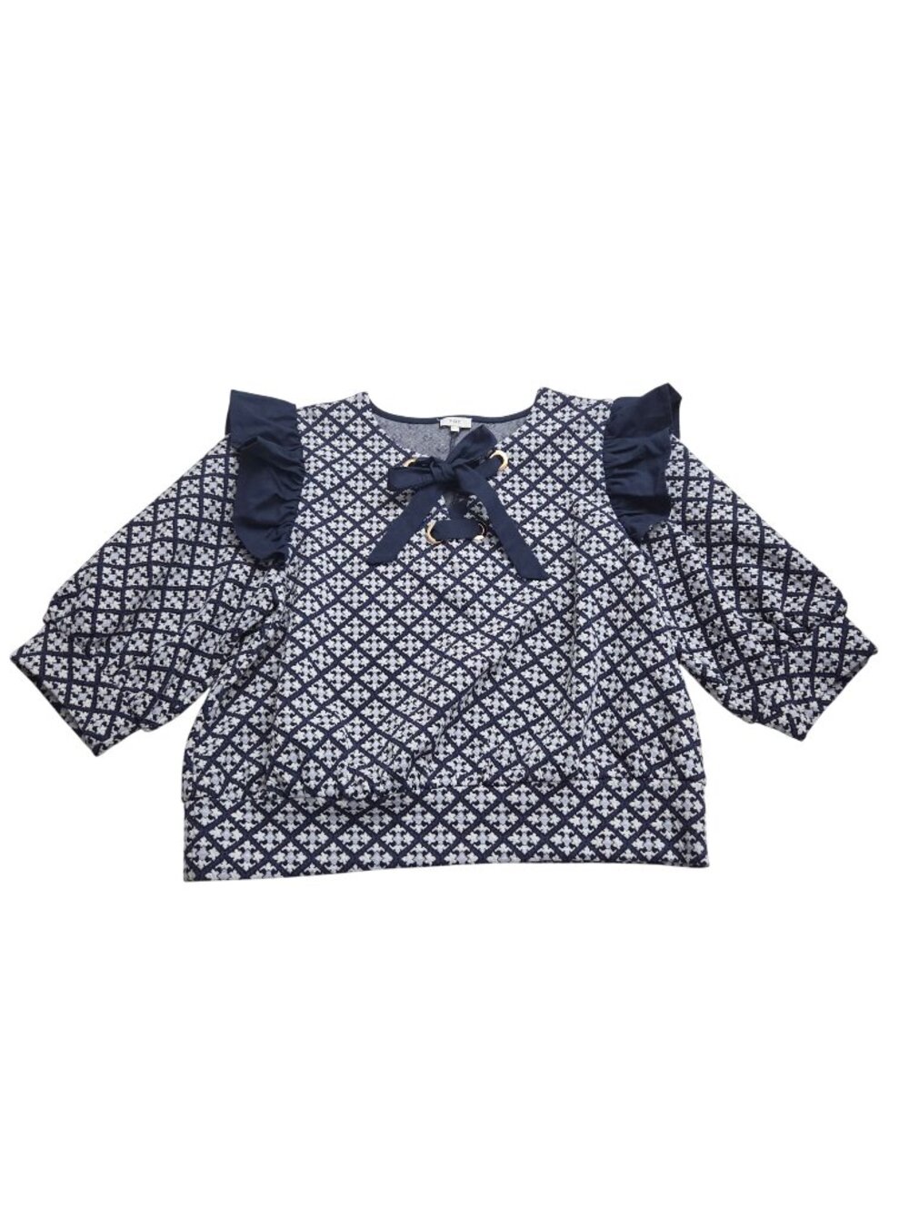VOY L Navy & White Patterned Blouse With Ruffle Sleeves & Tie Neck  4540